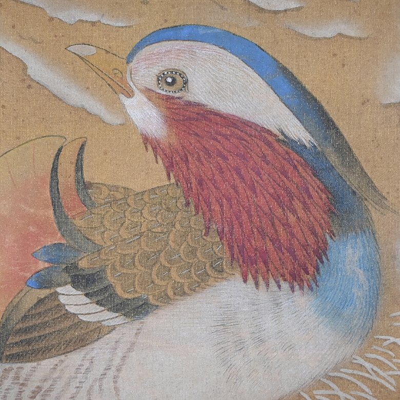 Pintura china “Patos mandarines bajo ciruelo en flor”, con firma Lu Zhi