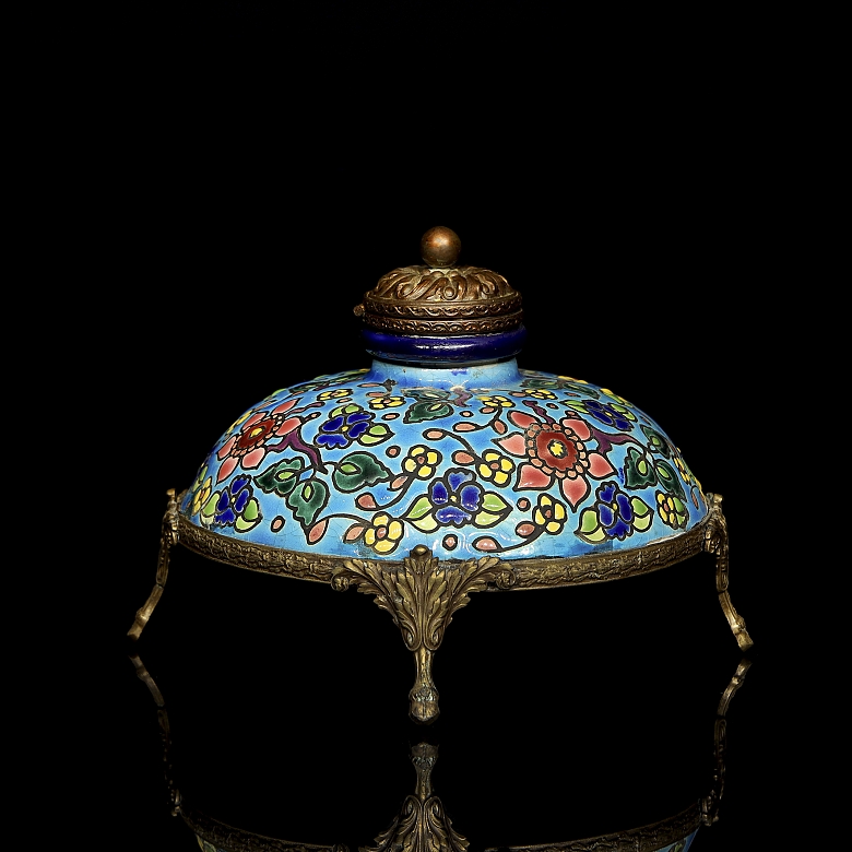 Longwy, bronze and glazed ceramic inkwell, 20th century