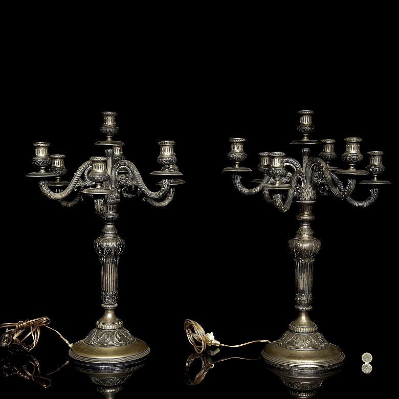 Pair of silver-plated metal candlesticks, 20th century