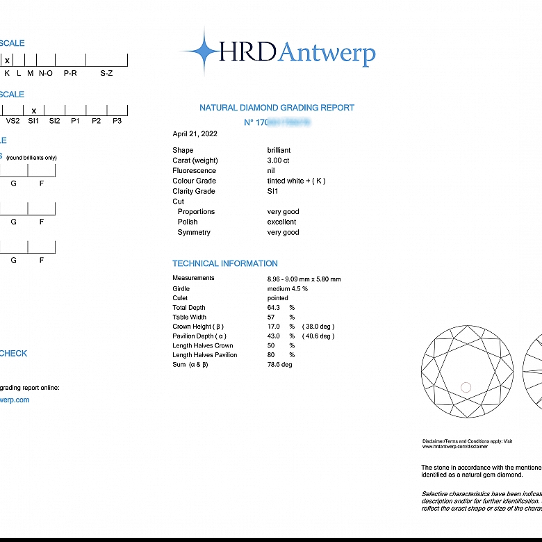Diamante natural en talla brillante, 3.00 ct, certificado HRD
