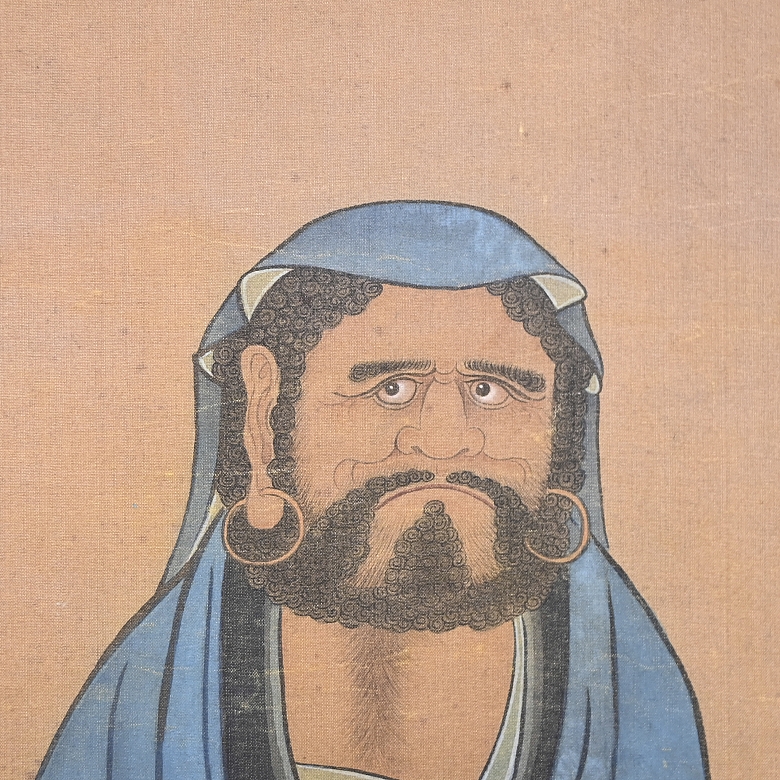 Pintura china “Bodhidharma sobre las olas”, con firma Yu Zhiding