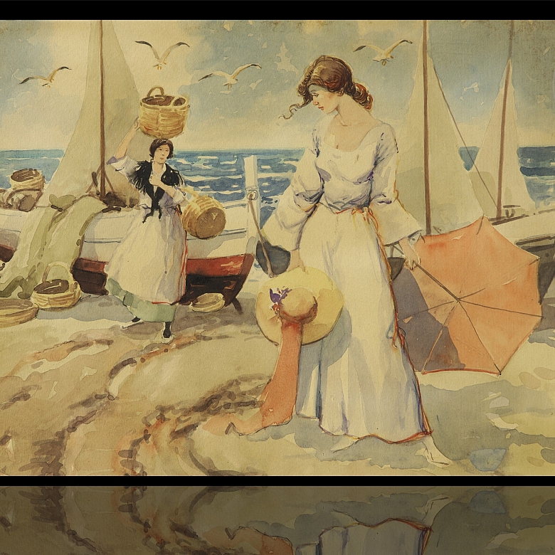 阿图罗·皮塔尔奇·佩丘安 Arturo Pitarch Pechuán《海滩上的两位女子》1910年