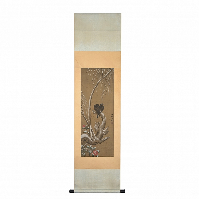 Chinese painting ‘Birds on snowy branches’, signed Lü Ji