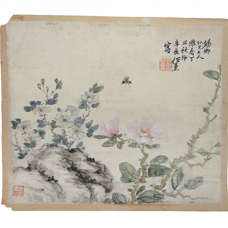 Chinese painting “Flowers and Bee,” signed Ren Xun