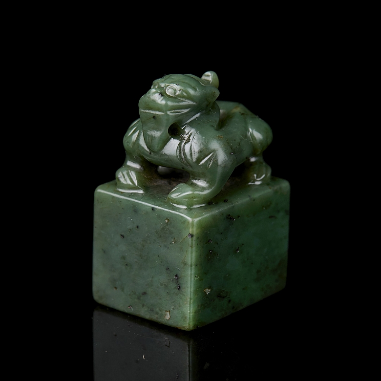 Spinach green jade seal ‘Mythical creature’, Qing dynasty