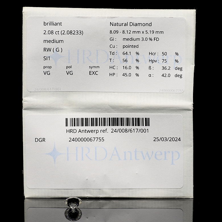 Diamante natural en talla brillante, 2.08 ct, certificado HRD