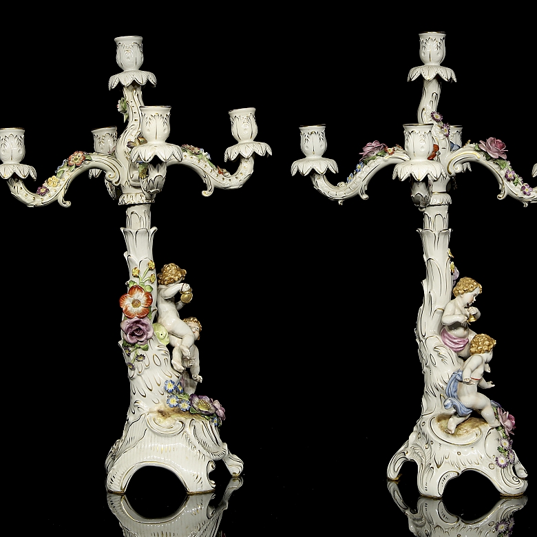 Pair of ‘Von Schierholz’ porcelain candlesticks, 19th century