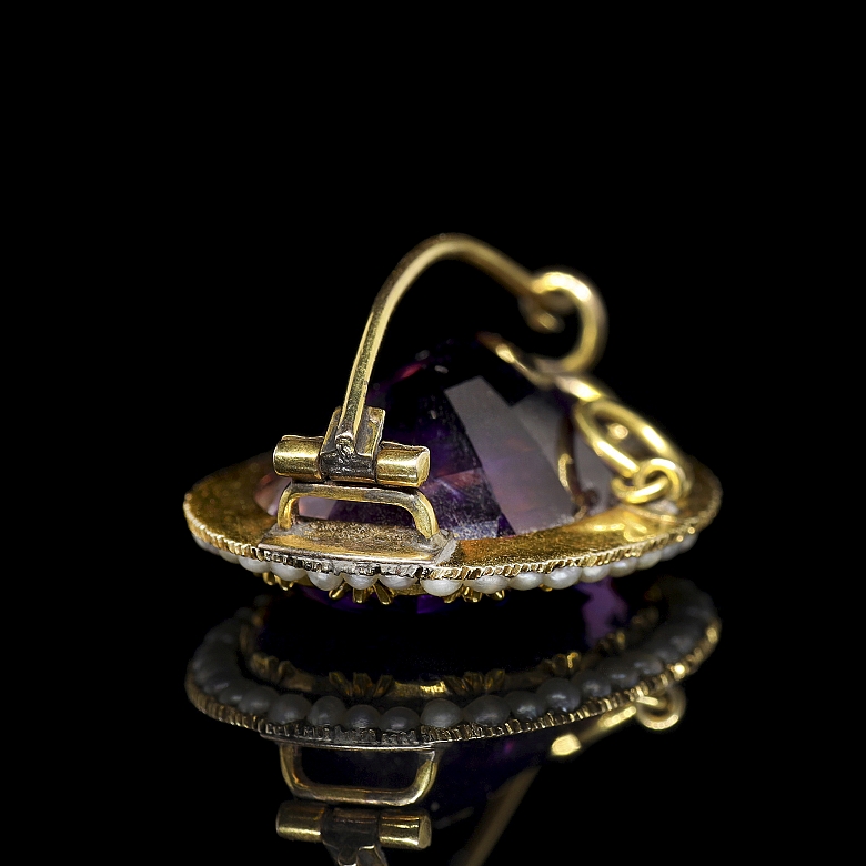 Broche de oro de 14 k con amatista y perlas, estilo Victoriano