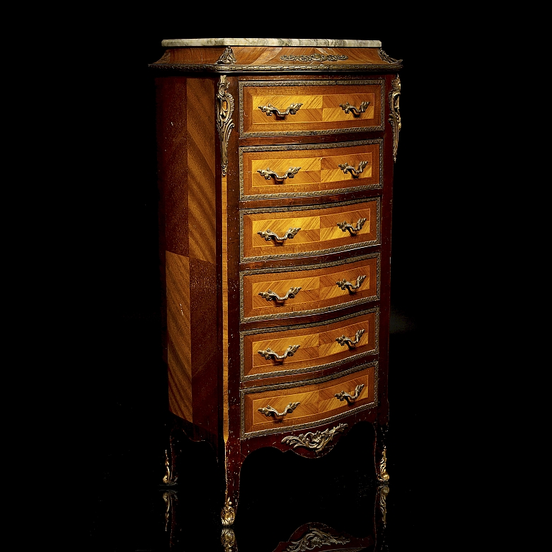 Chiffonier estilo Luis XV de madera y mármol, med. s.XX