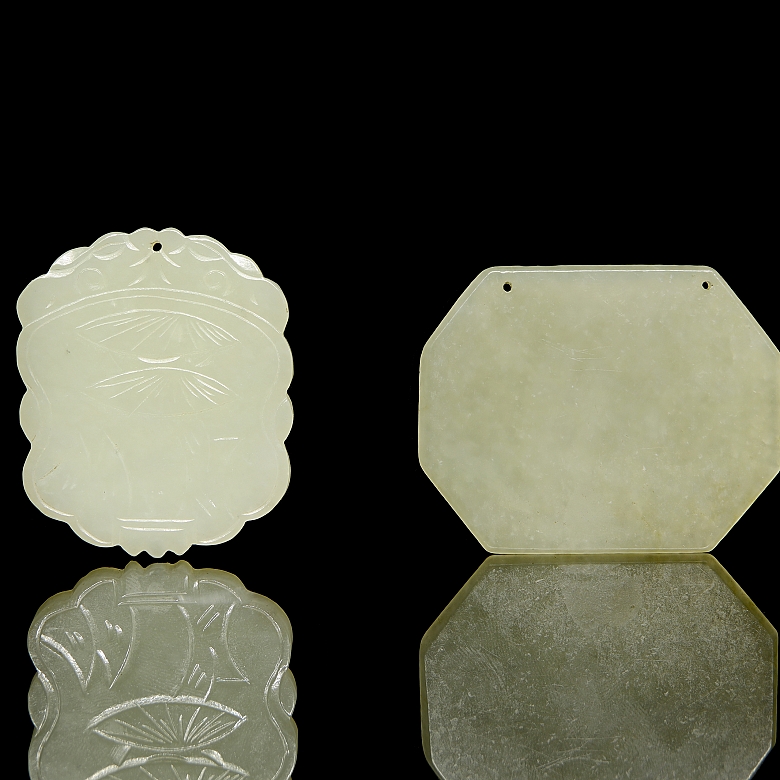 Pair of carved jade plaques, ‘Calligraphy and Elderly Man,’ Qing dynasty