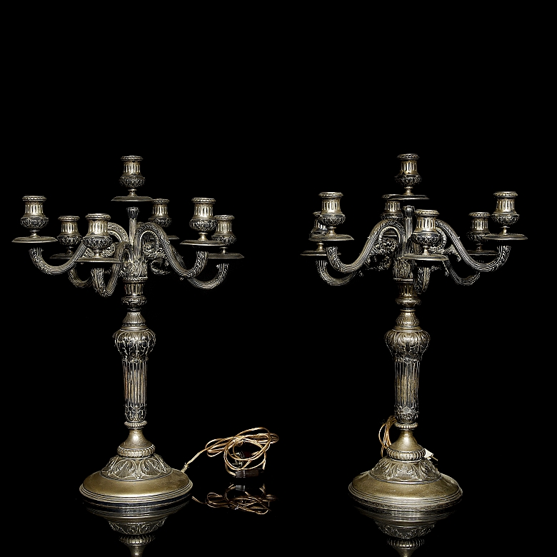 Pair of silver-plated metal candlesticks, 20th century