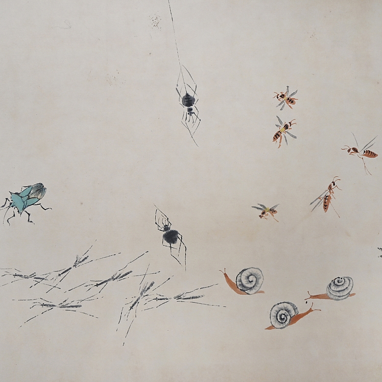Pintura china “Insectos y caligrafía”, con firma Jiang Hanting - 4