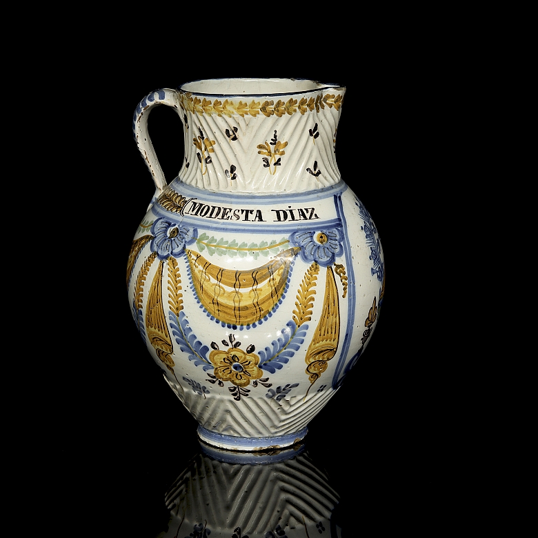 Ceramic jug from Talavera de la Reina, Modesta Diaz, 1865