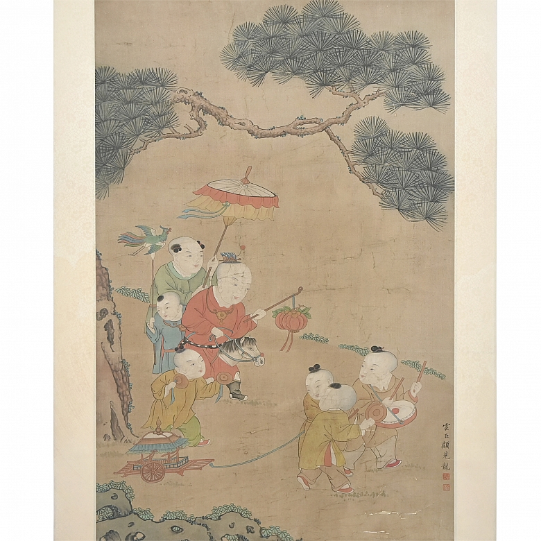 Pintura china “Niños jugando”, con firma Gu Jianlong