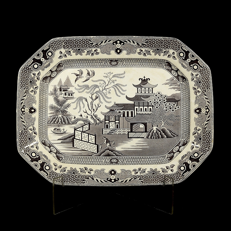 灰色柳叶纹伯利瓷托盘，十九世纪