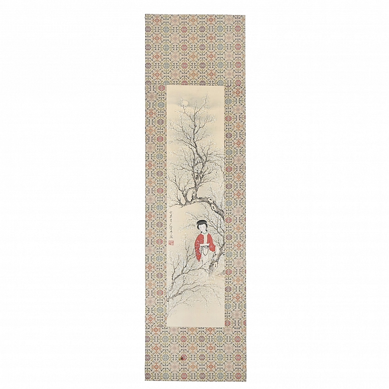 Pintura china “Dama entre ciruelos en flor”, con sello Guan Pinhu