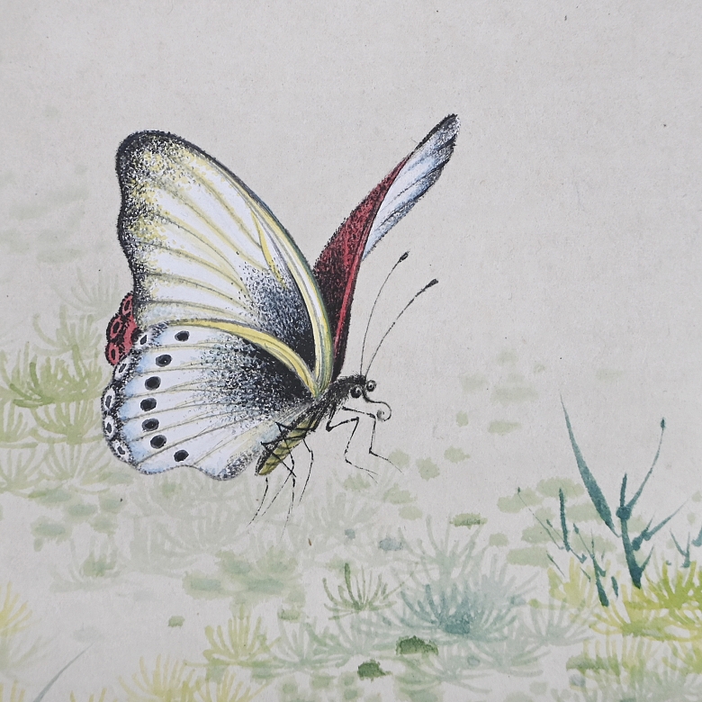 Chinese painting “Butterflies on flowers,” signed Lu Xiaoman