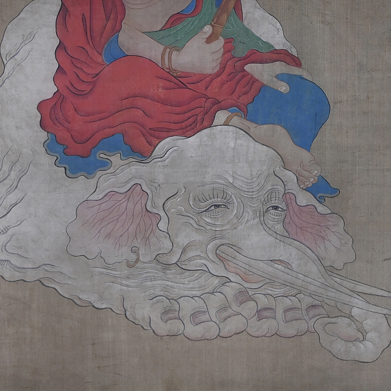 Pintura china “Deidad sobre elefante blanco”, con firma Jin Kun