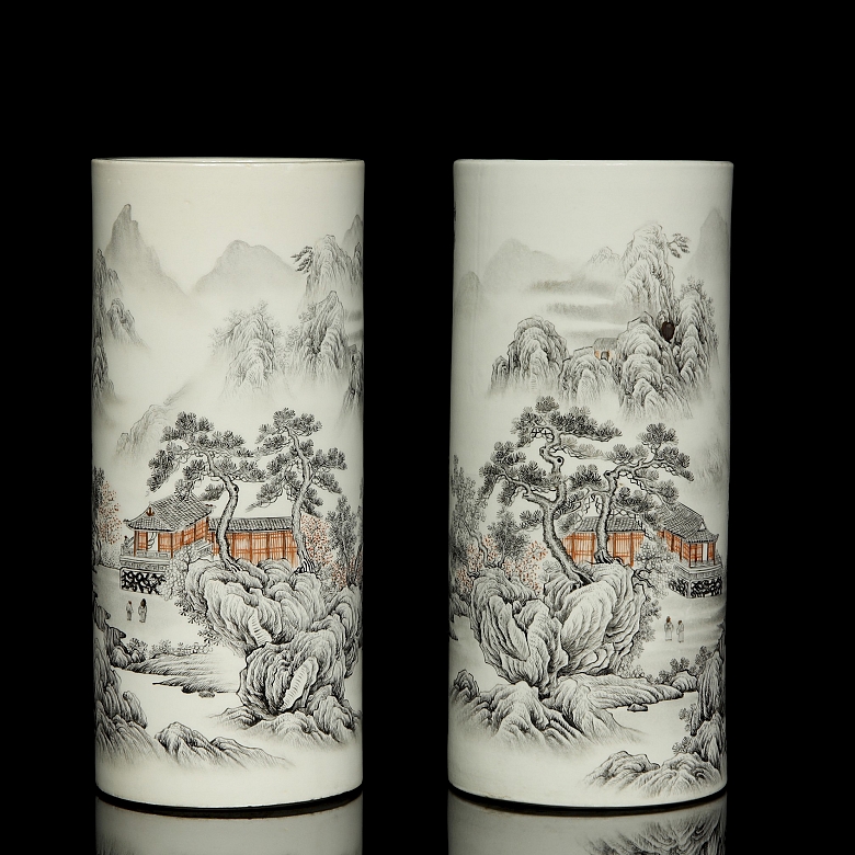 Pair of vases “Landscape with poem”, Qing dynasty