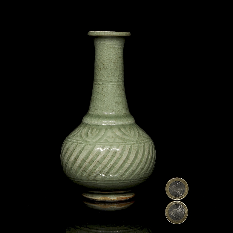 Jarrón de cerámica con esmalte celadón, dinastía Qing - 5