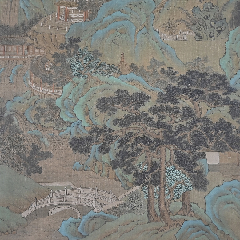 Chinese painting ‘Landscape with Architecture and Bridge’, signed Lu Huancheng