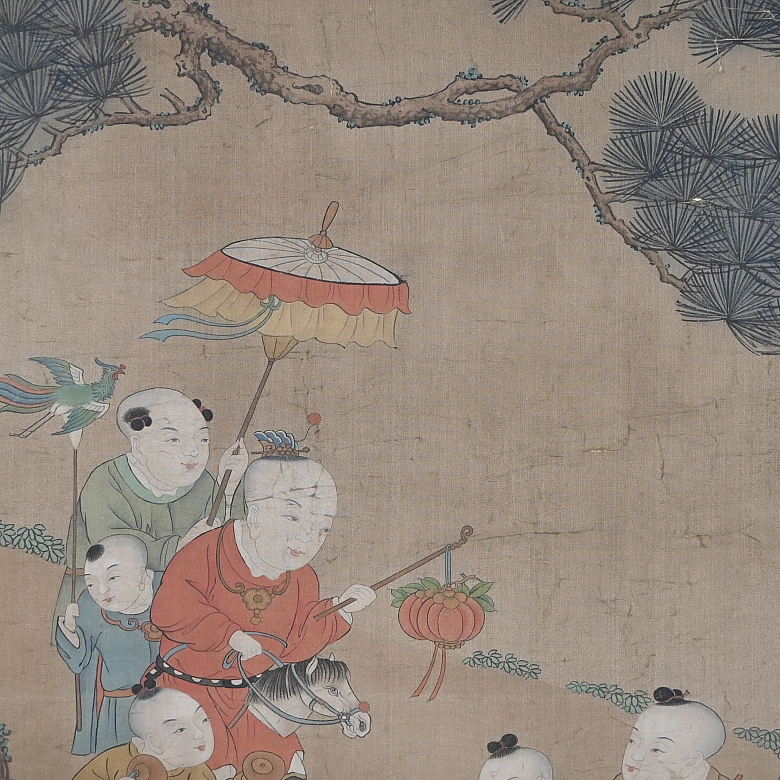 Pintura china “Niños jugando”, con firma Gu Jianlong
