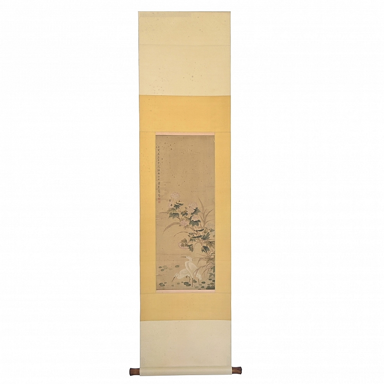 Chinese painting “Herons and peonies by the pond,” signed by Miao Jiahui