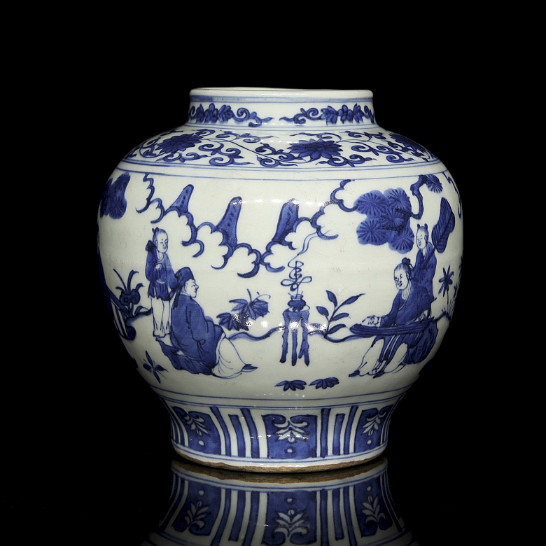 Blue and white porcelain vase ‘Courtly scenes’, with Jiajing seal