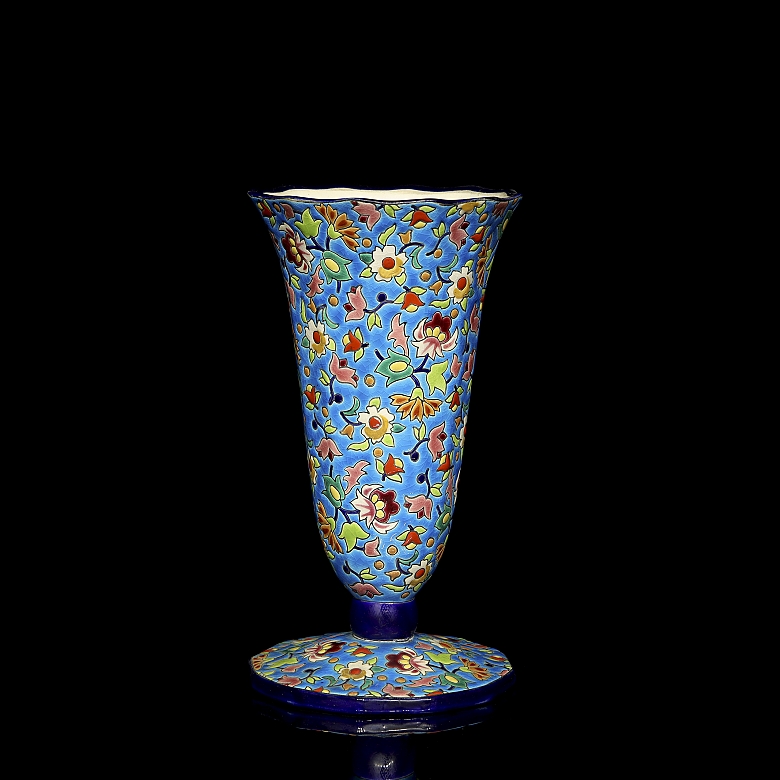 Longwy, glazed ceramic vase ‘Flowers’, 20th century