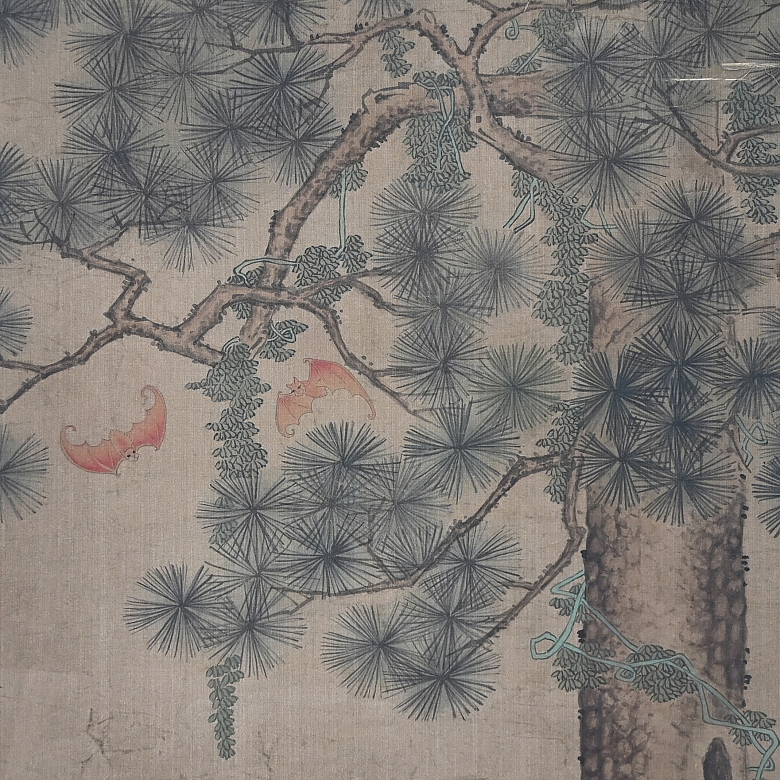 Pintura china “Ciervo bajo el pino”, con firma Shen Quan