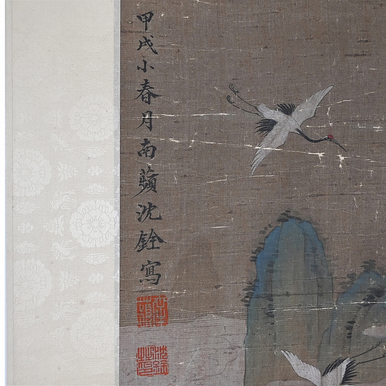 Chinese painting ‘Cranes and Pines’, signed Shen Quan