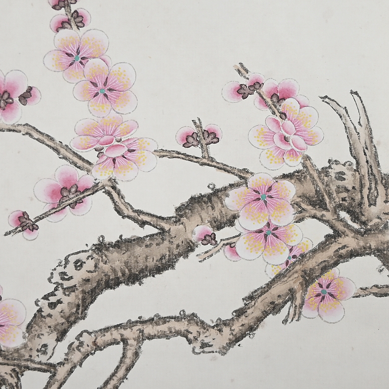 Chinese painting “Pair of ducks under a blossoming plum tree,” signed Yu Fei'an
