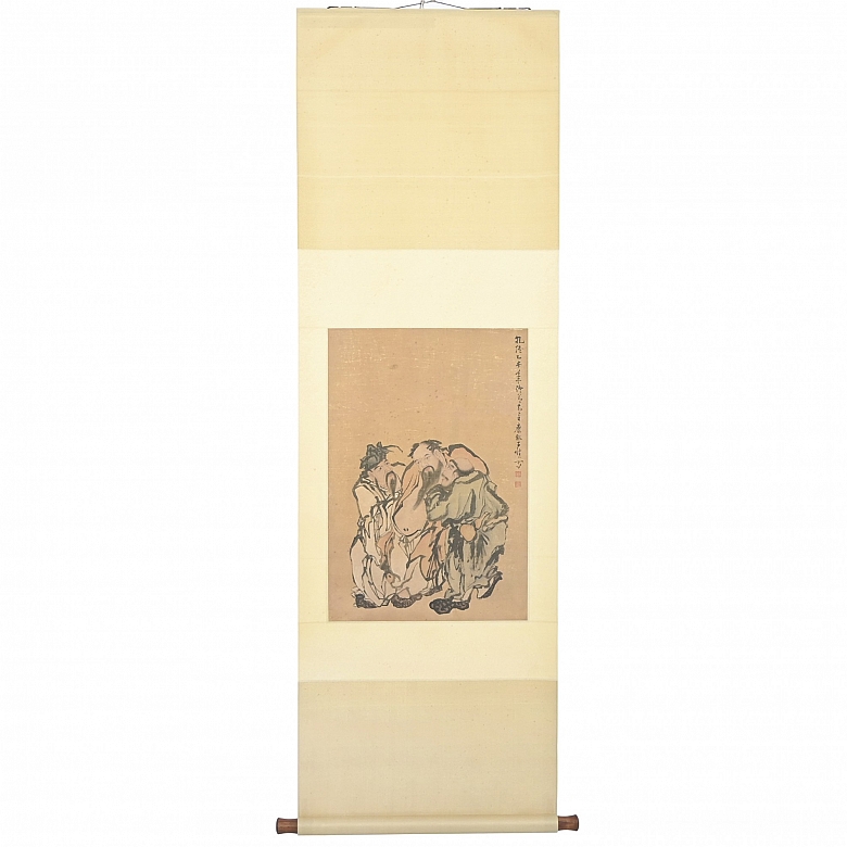 Pintura china “Tres inmortales”, con firma Huang Shen