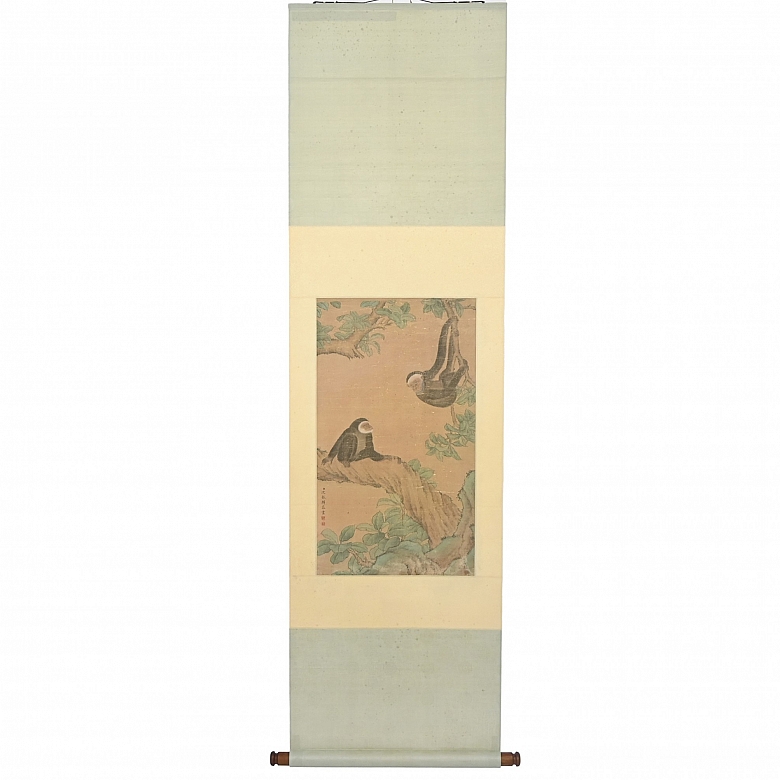Pintura china “Monos entre ramas”, con sello Shen Zhenlin