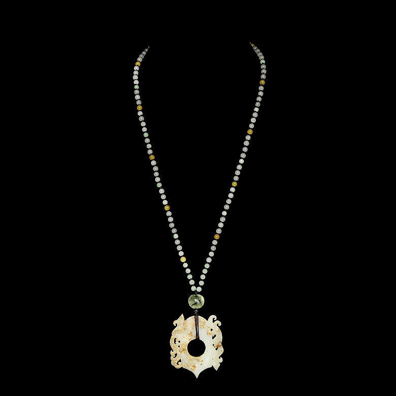 Necklace with carved jade pendant and coloured beads, 20th century