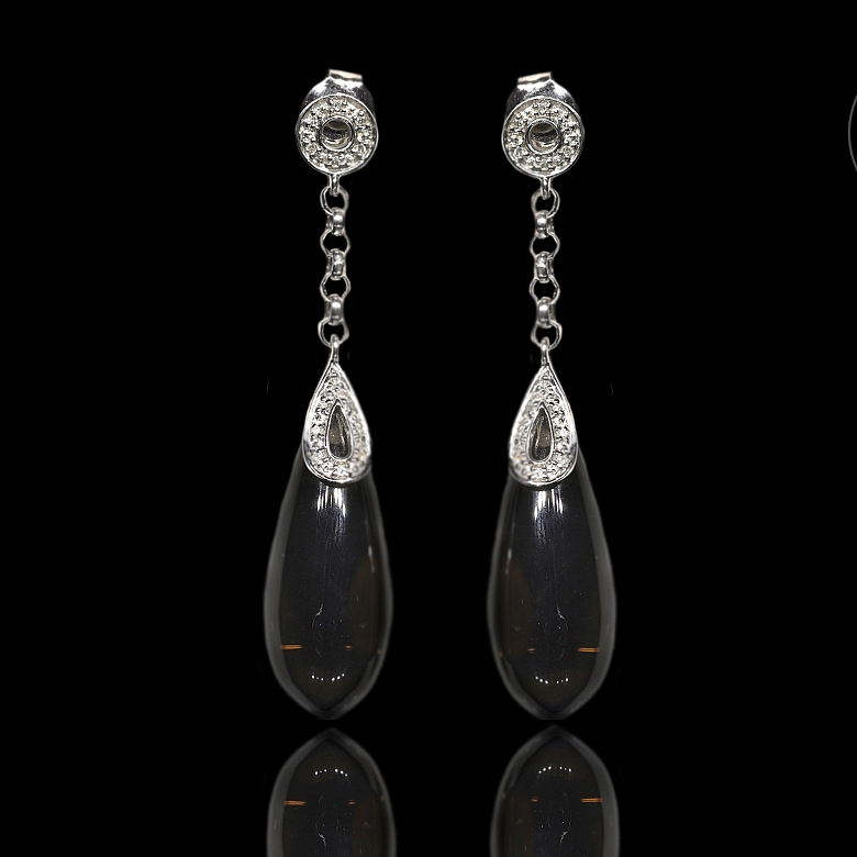 Pendientes de oro blanco de 18k con cuarzo fumé y diamantes