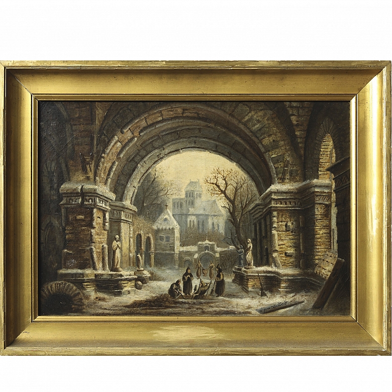Virginie Viellard (19th-20th century) ‘Monks in the cloister in winter’