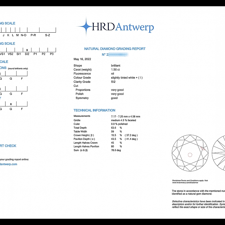 Diamante natural en talla brillante, 1.50 ct, certificado HRD