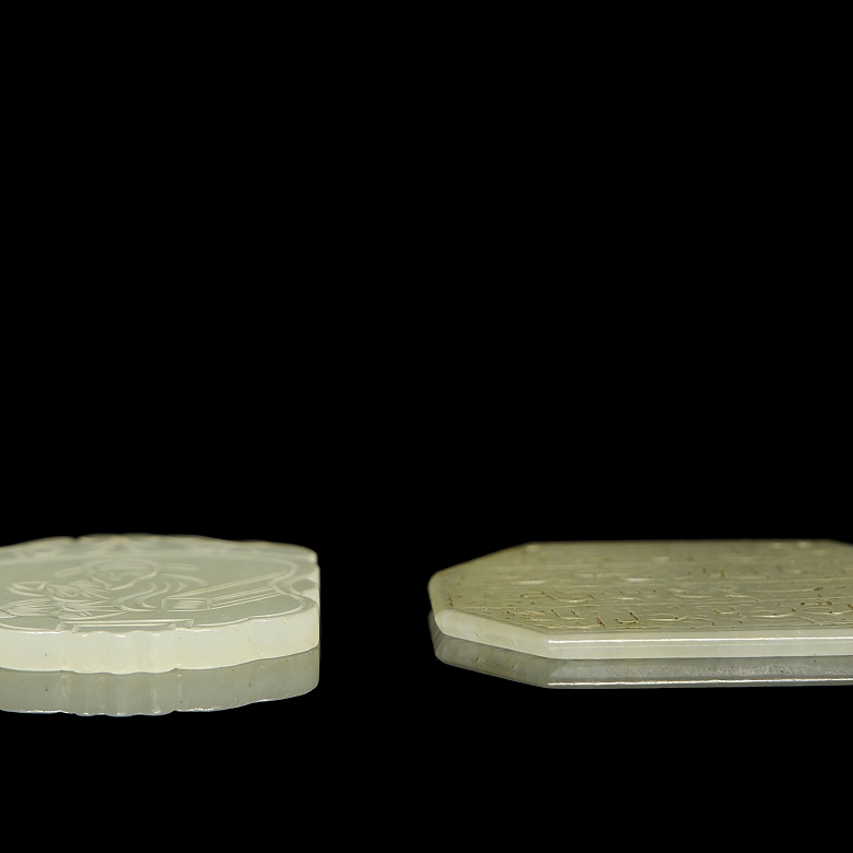 Pair of carved jade plaques, ‘Calligraphy and Elderly Man,’ Qing dynasty