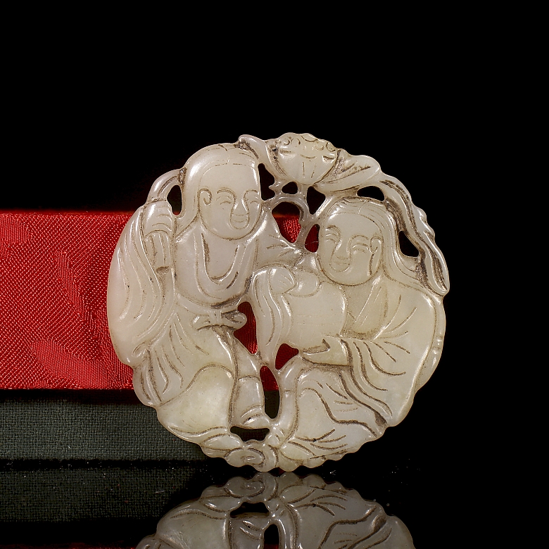 Pair of white jade pendants, ‘Characters with lotus’, Qing dynasty