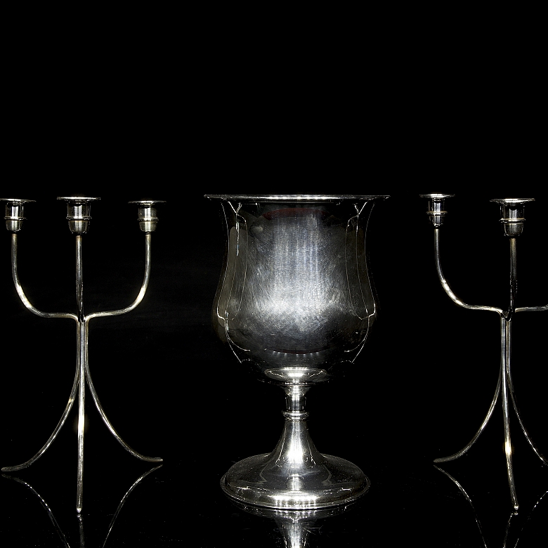 Set of silver-plated metal candlesticks and goblet, 20th century - 5