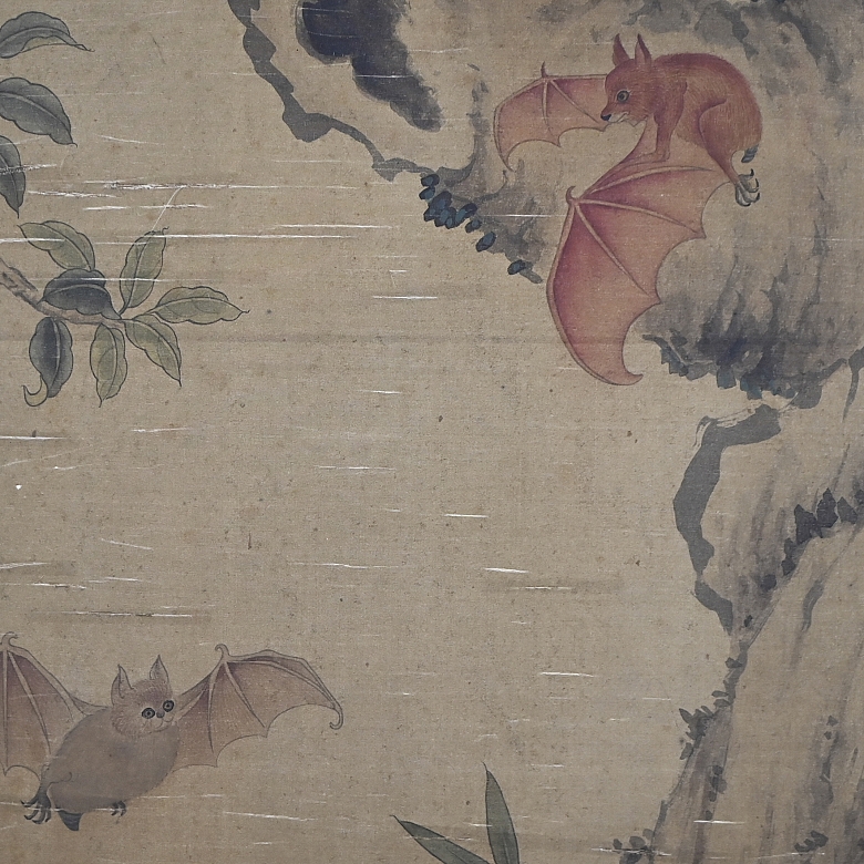 Chinese painting “Bats and Peaches,” signed Wang Wu