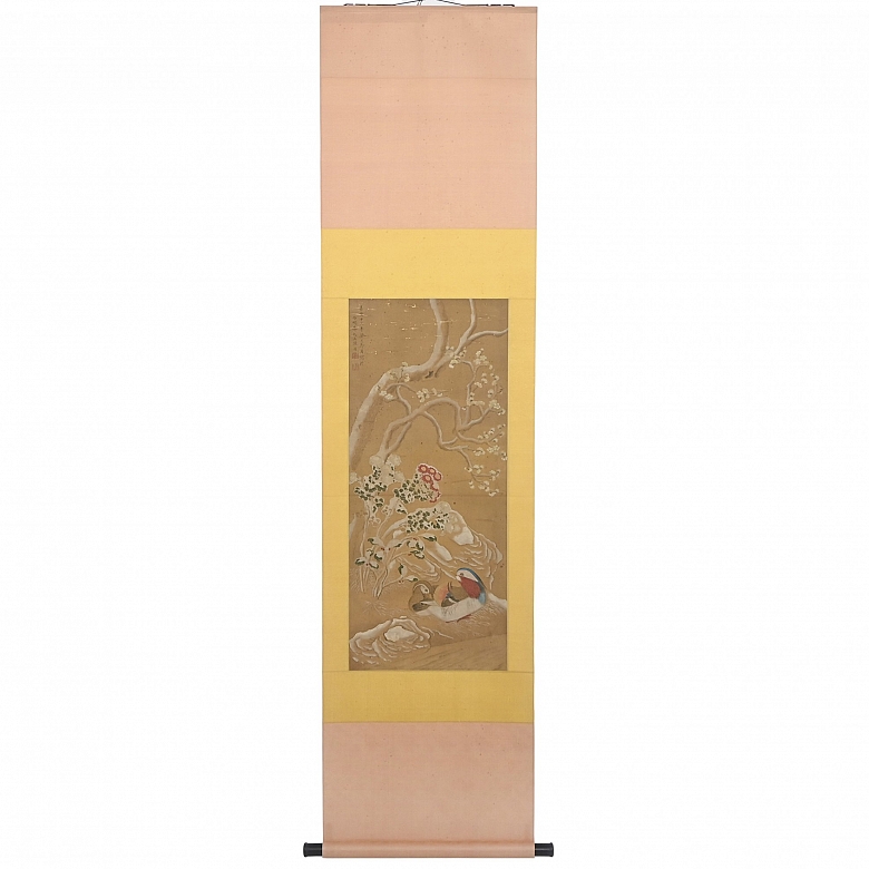 Pintura china “Patos mandarines bajo ciruelo en flor”, con firma Lu Zhi
