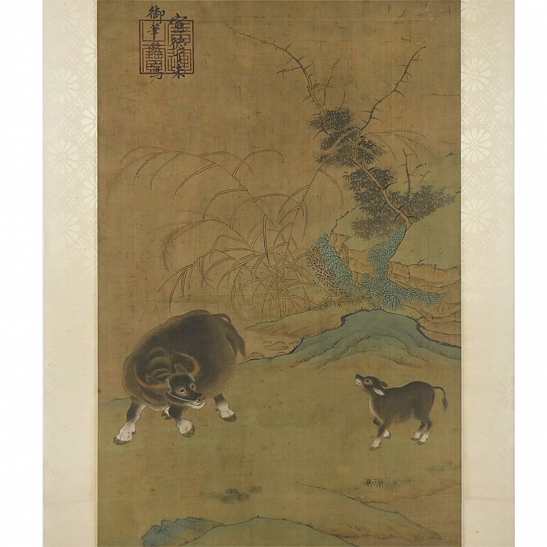 Chinese painting ‘Ox and calf in landscape,’ with Xuande seal