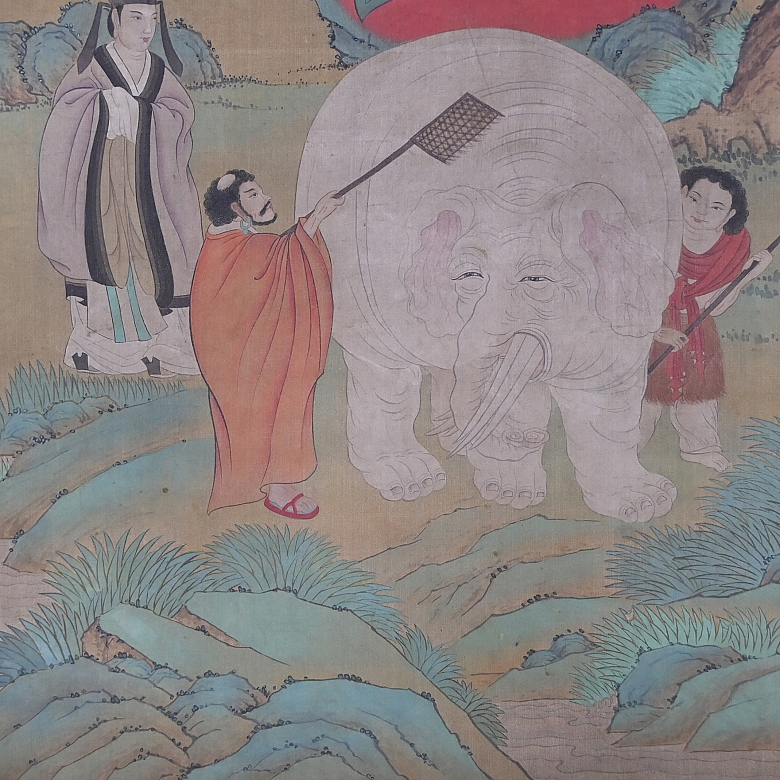 Pintura china “Monje con elefante blanco”, con firma Wu Bin