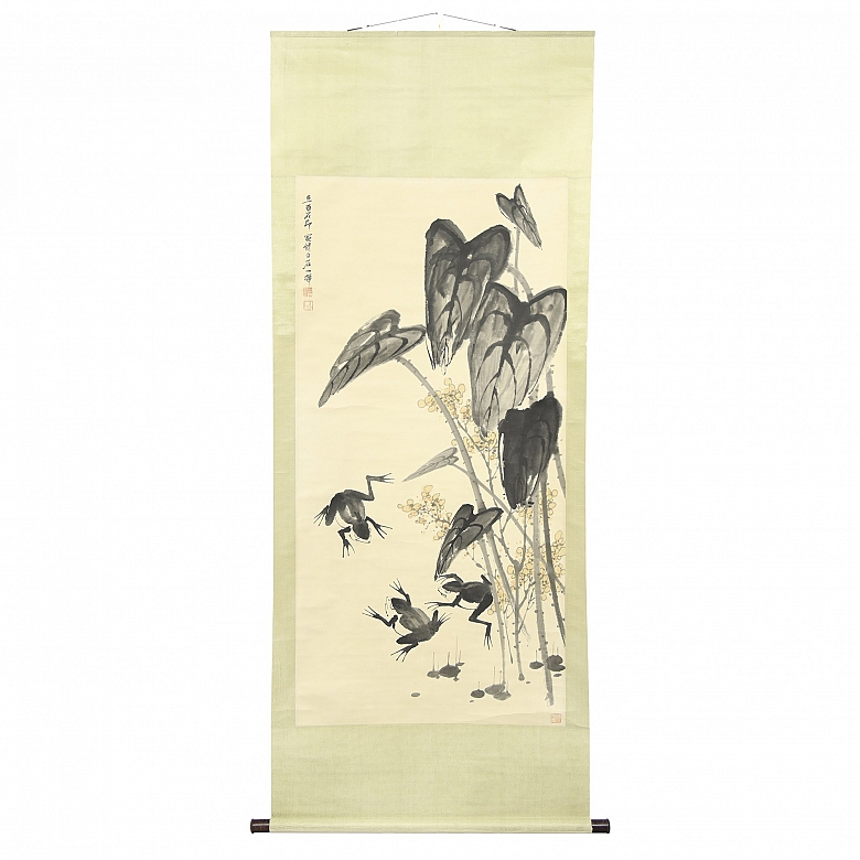 中国画《青蛙山水图》，齐白石款
