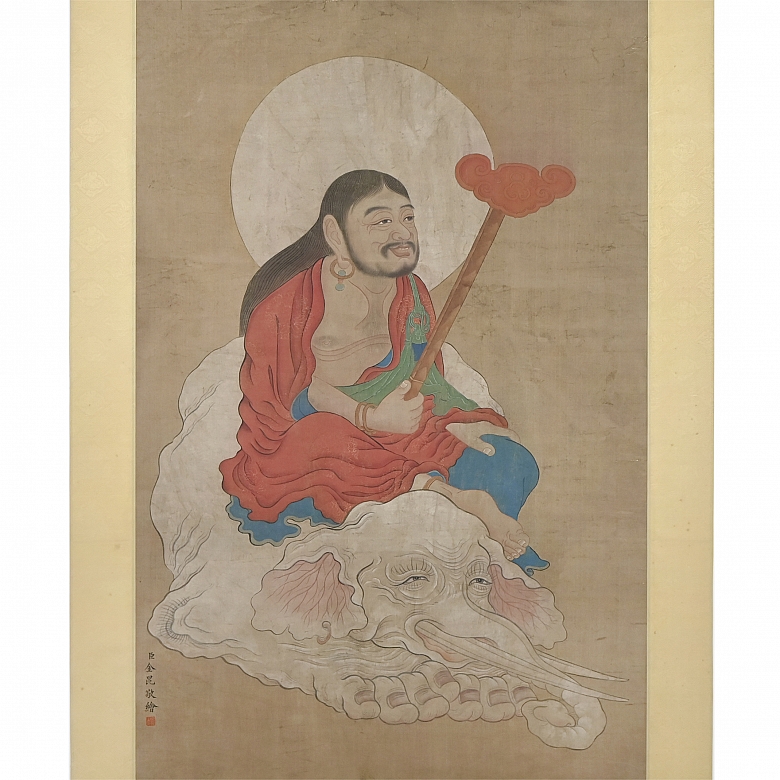 Pintura china “Deidad sobre elefante blanco”, con firma Jin Kun