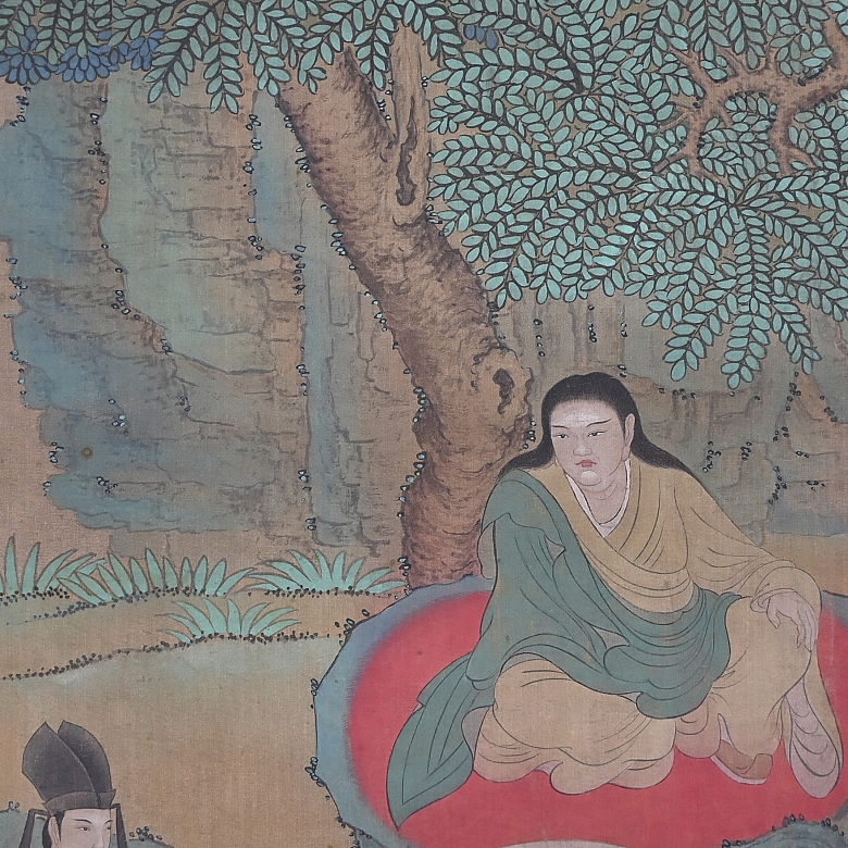 Pintura china “Monje con elefante blanco”, con firma Wu Bin