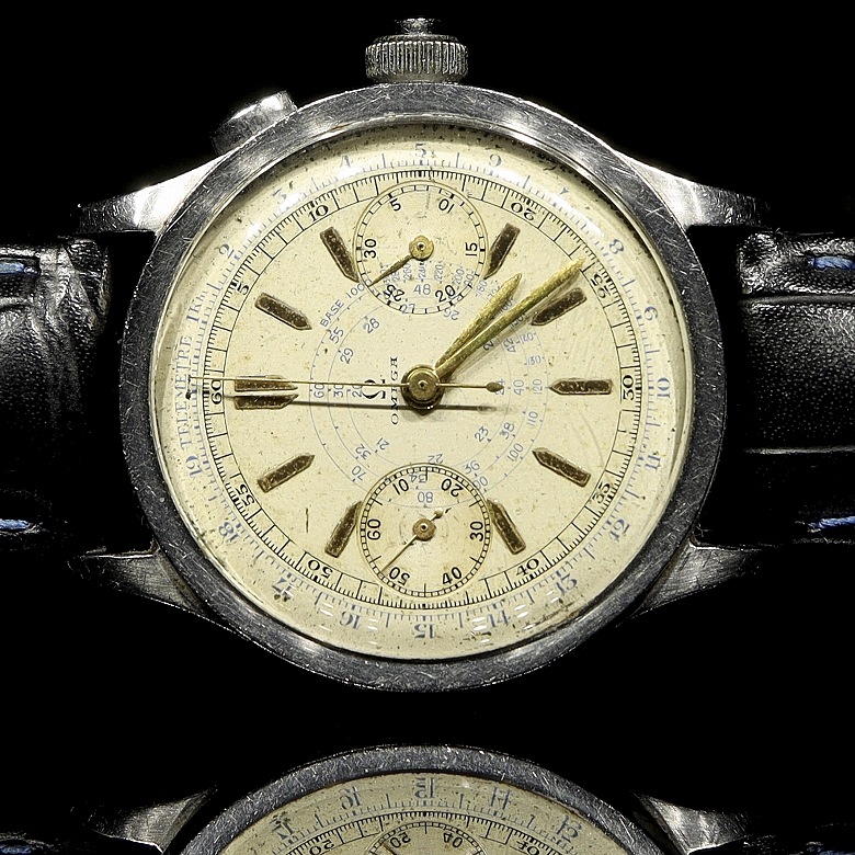 Extraordinary prototype Omega wrist chronograph, Calibre 33.3 CHRO T1-T2