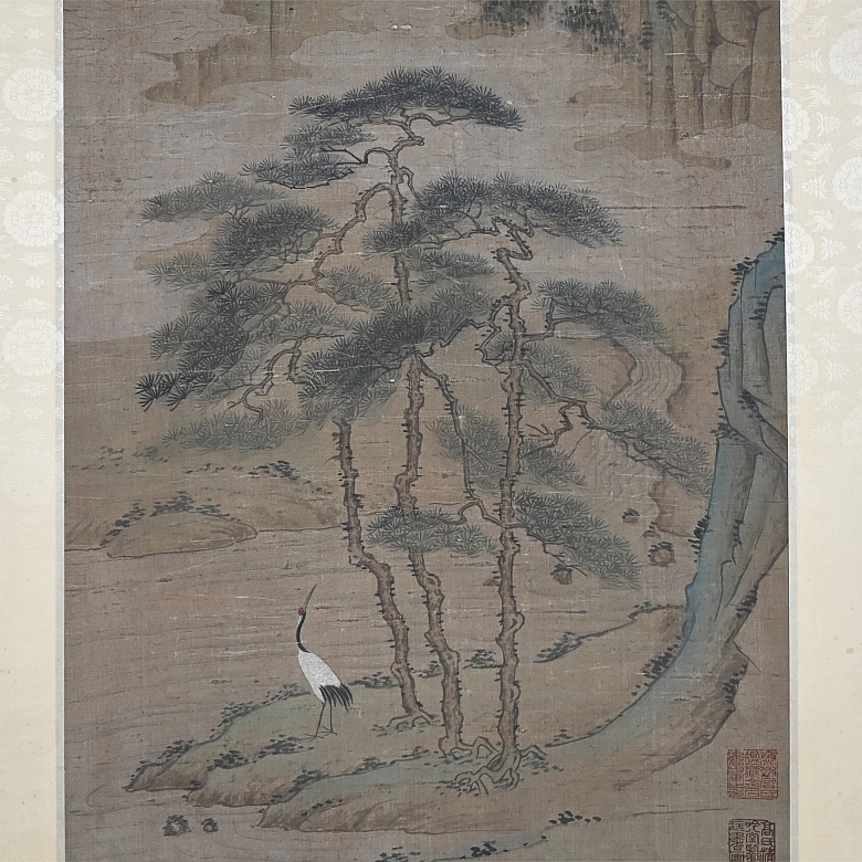 Chinese painting ‘Cranes and Pines’, signed Shen Quan